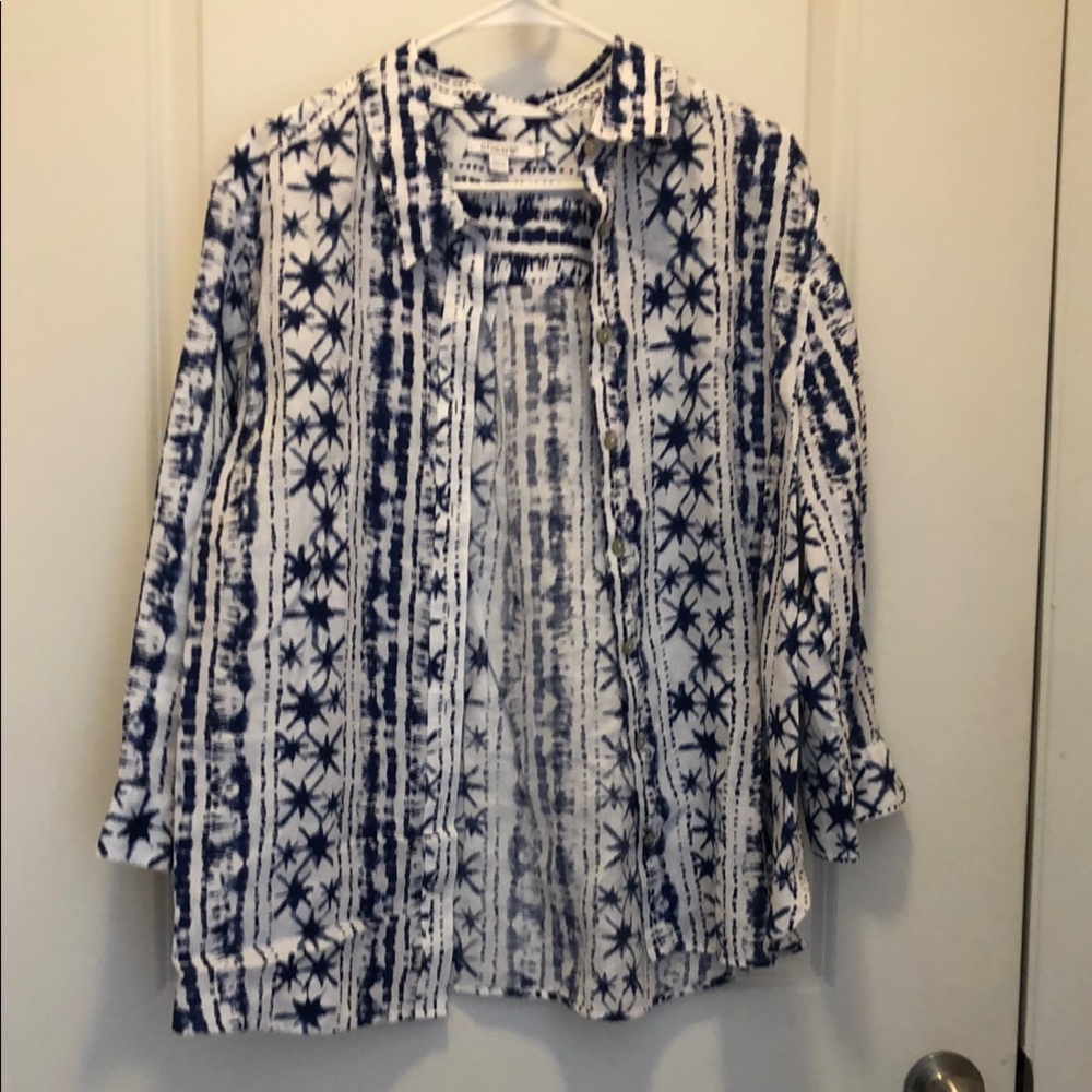 Chico's White and Navy Printed Button-Up Shirt